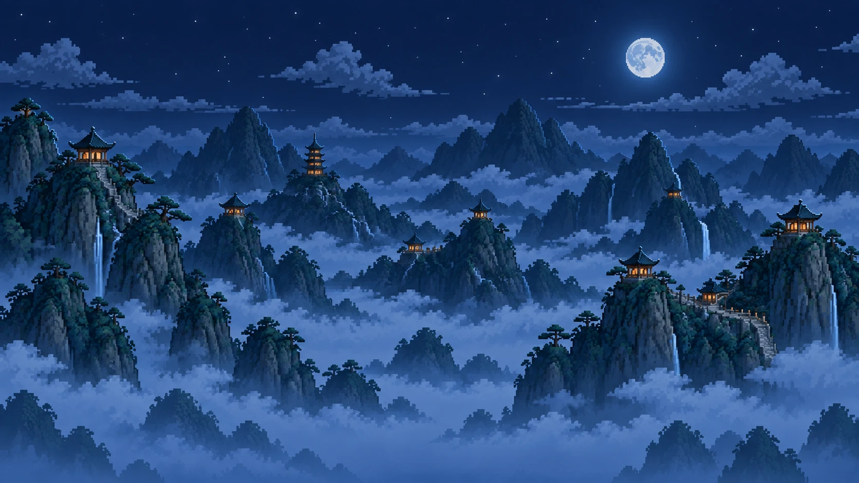 月夜下的宗门山景